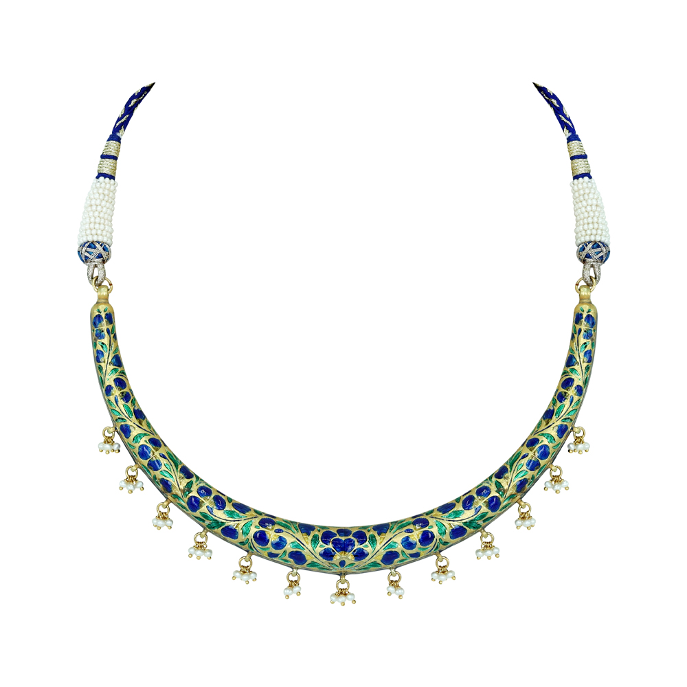 Blue Enamel Polki Hasli with Floral Design and Pearl Drops